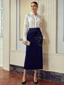 ZEYLAH Jupe élégante de navetteur bleue avec broderie de sequins - Bleu marine - Voir 6