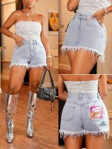 SHEIN BamGlam Women's Mid-Waist Lip Print Frayed Hem Denim Shorts - Light Wash - View 1