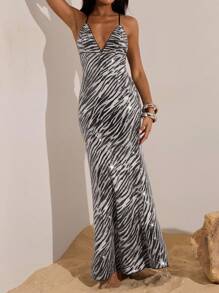 Opulessa 女式斑马纹亮片紧身美人鱼下摆性感吊带连衣裙 - 灰色 - 查看 6