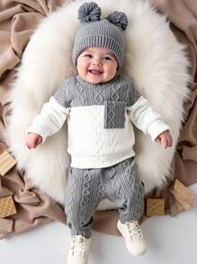 SHEIN 2 pezzi/Set Neonato/Bambino Maschio Casual Grigio, Blu e Bianco a Righe Maglione con Tasche, Bottoni sulla Spalla e Collo Equipaggio, Maniche Lunghe e Pantaloni con Vita Elastica, Tessuto Morbido e Confortevole, Adatto per Primavera, Autunno e Inverno, Uso Esterno, Domestico e Casual