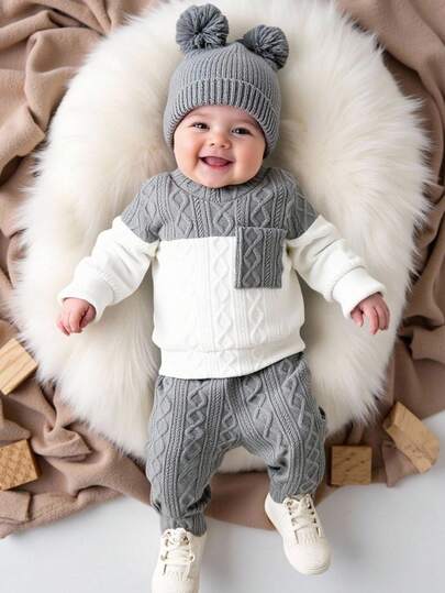 SHEIN 2pcs/Set Infant/Baby Boys Casual Gray, Blue & White Striped Knit Pocket Shoulder Button Crew Neck Long Sleeve Top & Elastic Waist Pants Set, Soft & Comfortable Fabric, Suitable For Spring, Autumn & Winter, Outdoor, Home, Casual Wear, Cozy Pixies, Infant Boy Winter Clothes Set, Baby Boys Sets, Boy Fall Outfits, Children/Infant Clothing, Baby Boy Clothes, Baby Casual Sets, Baby Boy Winter Outfit Baby Boy Winter Clothes, 6M-3T