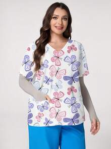 PopScrub Plus Size Butterfly Print V-Neck Short Sleeve Uniform Top - Multicolor - View 3