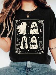 Plus Size Halloween Ghost Cat Print Short Sleeve T-Shirt, Suitable For Summer Outdoor Wear - Black - View 4