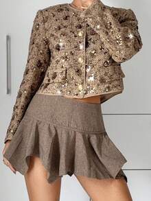 Siren Gaze Siren Gaze Siren Gaze Women's Champagne Color Tweed Sequin Long-Sleeved Woolen Coat Women's Fashion Commuter Sequin Decor Regular Jacket In Fall/Winter Glitter Brown