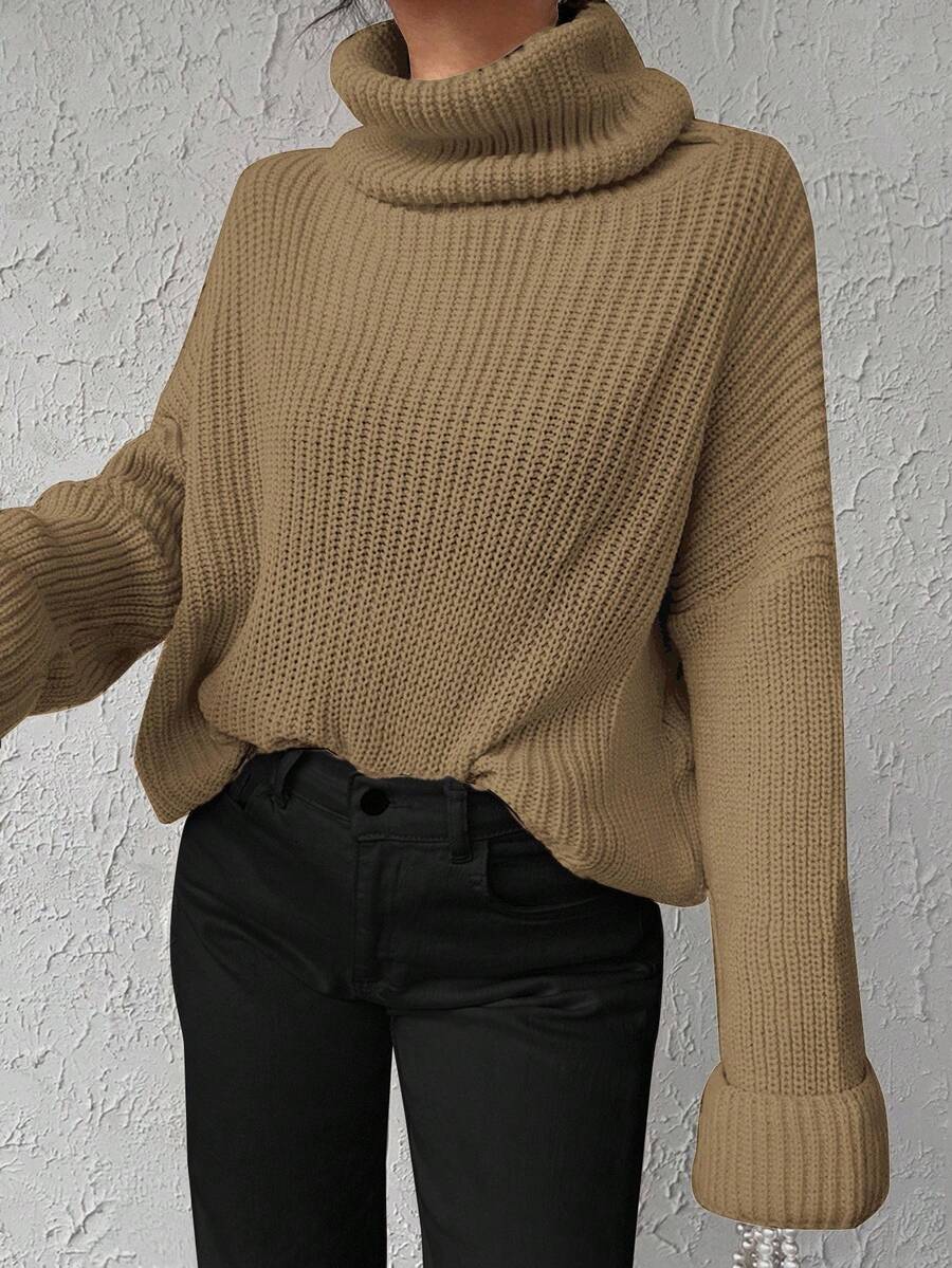EURMUSE Solid Color Turtleneck Batwing Sleeve Sweater - Camel - View 1