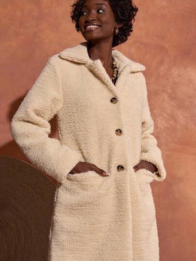 Bóhologie Women's Solid Good Quality Teddy Fur Button Front Elegant Coat