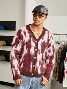 Manfinity Roghcode 博主风格撞色纹理针织男士开衫，欧美新品，秋冬 - 彩色 - 查看 5