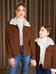 Women's Simple Solid Color Button-Up Long Sleeve Loose Corduroy Jacket,Fur Collar Brown And White Coat For Winter,Casual Occasion Jacket Women - Brown - View 6