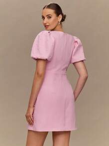 Enchnt 女士珍珠蝴蝶结装饰短袖连衣裙 - 粉色 - 查看 7