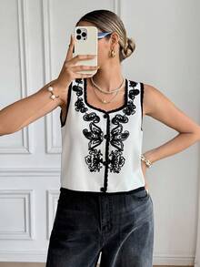 SHEIN Frenchy Women's Elegant White Floral Embroidered Sweater Vest,Contrast Trim Button Front Casual Knit Top For Autumn,Brunch,Party,Christmas & Winter,Chic - Apricot - View 1