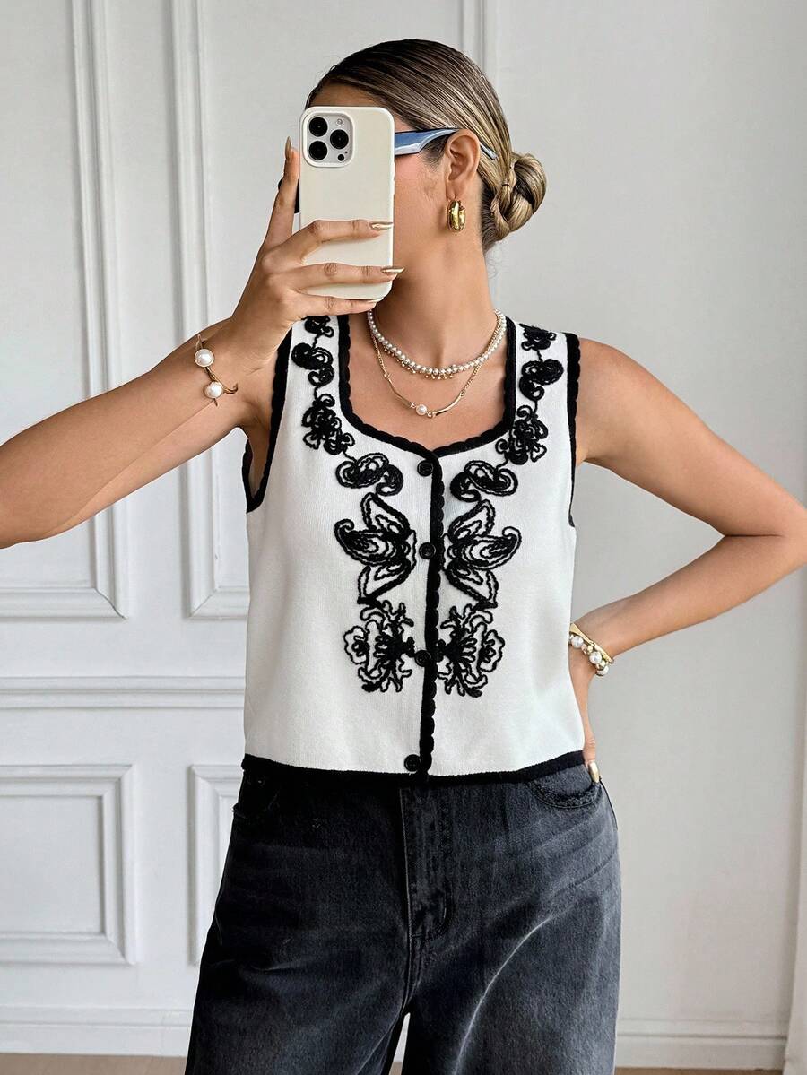 SHEIN Frenchy Women's Elegant White Floral Embroidered Sweater Vest,Contrast Trim Button Front Casual Knit Top For Autumn,Brunch,Party,Christmas & Winter,Chic - Apricot - View 1