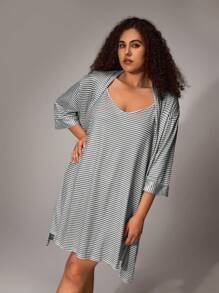 Plus Size Striped Print Simple Casual Sleepwear Dress And Robe Set, Fall Clothes, Cozy Outfit - Light Grey - View 1