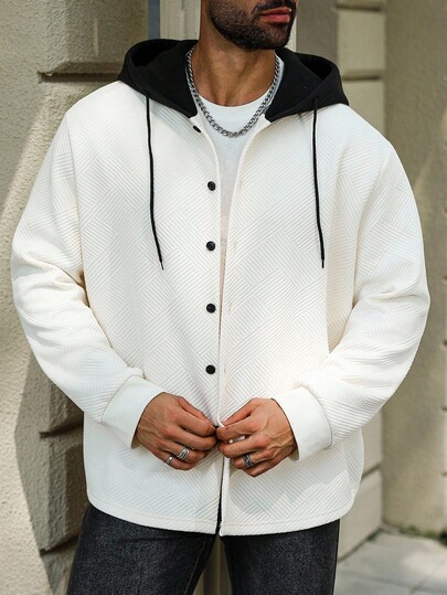 Manfinity Homme Plus Size Men's Textured Fabric Casual Button-Up Shacket, Fall