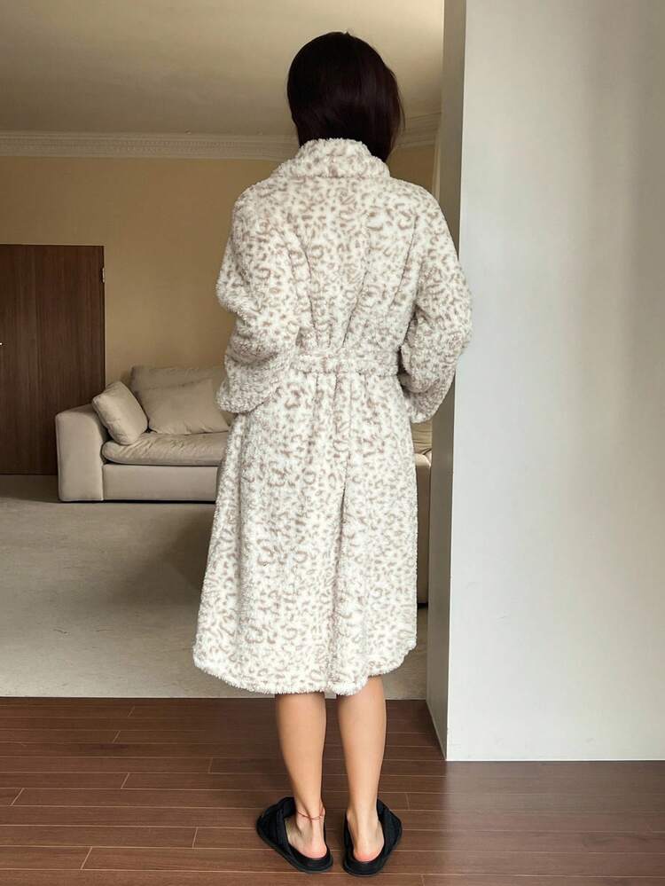 Women's Leopard Print Mid-Length Lapel Collar Flannel Robe, Winter, Fall Fluffy Pajama, Cozy