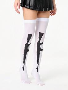 ROMWE Grunge Punk 1 par de medias altas hasta el muslo con patrón de ametralladora de roca oscura - Blanco - Ver 4