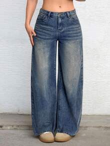 SHEIN Teenager Mädchen Lässige Verwaschen Weite Gerade Bein Jeans