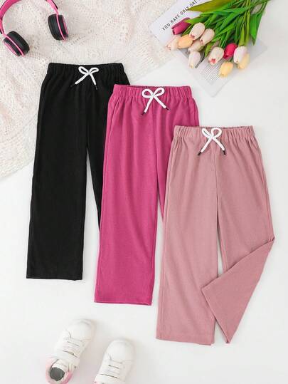SHEIN Playful Pals Set de 3 pantalones casuales y cómodos para niñas en blanco, marrón y negro, con cintura elástica y decoración de lazo, de tela de terciopelo y pierna recta, adecuados para primavera y otoño