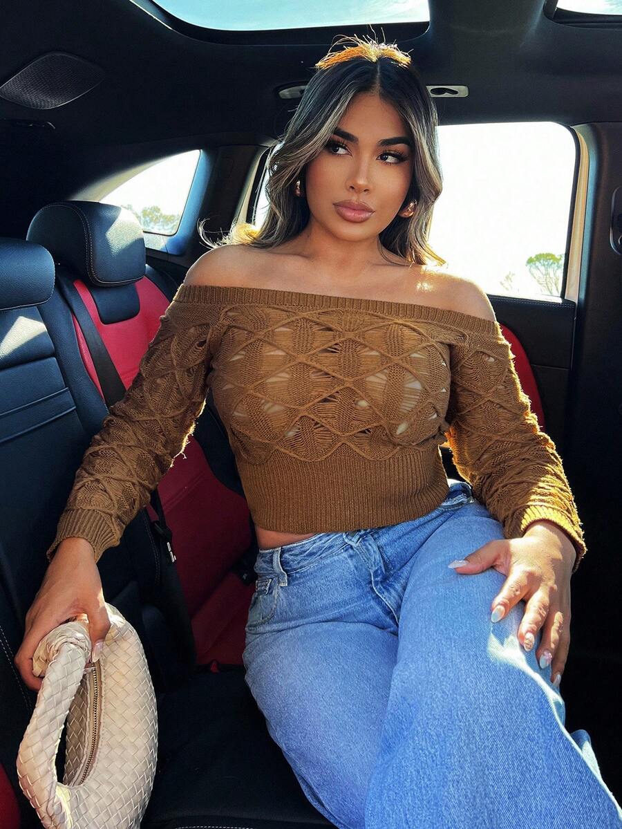 Zolique Women's Cropped Long Sleeve Sweater, Off Shoulder, Fitted, Sexy, Hollow Diamond Pattern Knit Sweater In Brown/Coffee Color - Coffee Brown - View 1