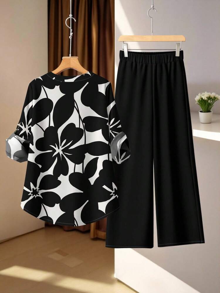 2pcs Women Floral Print Halter Neck Top And Solid Color Wide Leg Pants Set