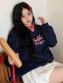 Dazy Plus 大尺碼女款休閒字母印花拼色格紋鬆款長袖衛衣，秋季校園風 - 藏蓝色 - 查看 1