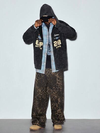 Modcrash 男士极简主义23号字母印花复古水洗拉链连帽长袖卫衣