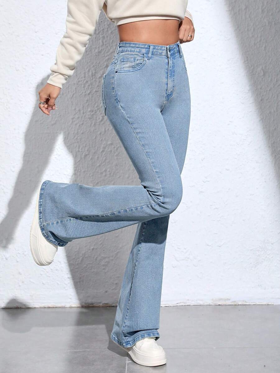 Jeanoix Women's High Waist Pocketed Flare Casual Versatile Jeans - Light Wash - View 1