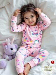 SHEIN Playful Pals 1set Baby Girls Cartoon Unicorn & Rainbow Print Snug Fit Pajama Set, Long Sleeve Top And Pants, Pink, Autumn/Winter Fall - Pink - View 1