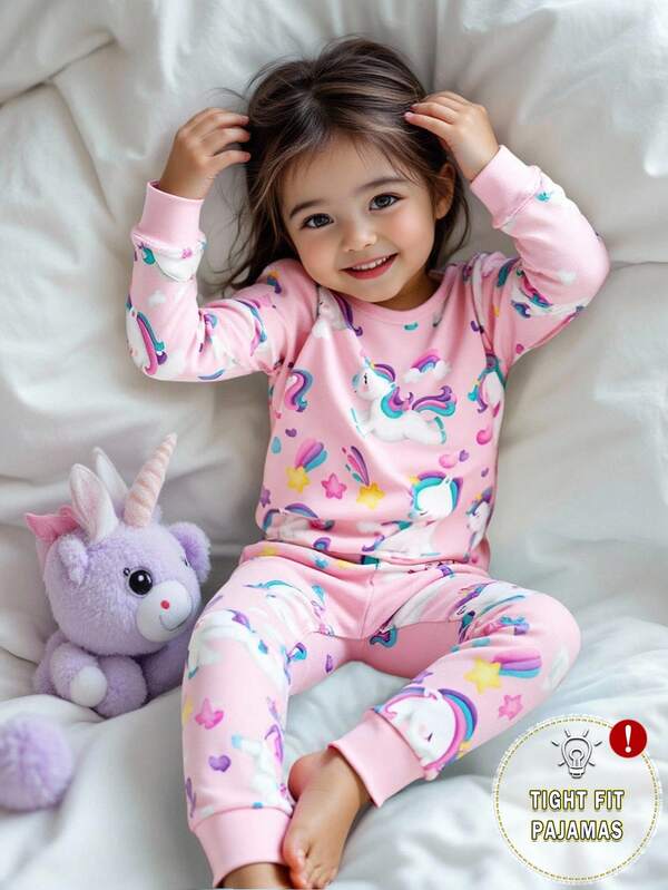 SHEIN Playful Pals 1set Baby Girls Cartoon Unicorn & Rainbow Print Snug Fit Pajama Set, Long Sleeve Top And Pants, Pink, Autumn/Winter Fall