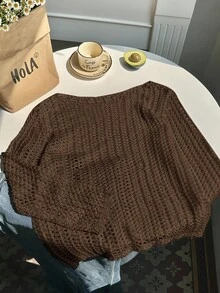 Comfortcana Plus Size Casual Solid Color Hollow Out Mesh Knit Sweater Winter Fall Autumn