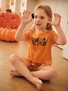 2pcs Halloween Funny Ghost Face Pumpkin Print T-Shirt & Shorts Set,Family Matching Pajamas For Girls & Toddlers,Summer Orange Trick Or Treat Clothing - Orange - View 5