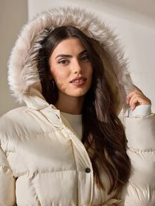 CLARA VERO Women's Beige Belted Padded Coat With Faux Fur Hood, Long Sleeve Quilted Winter Jacket - Beige - View 7