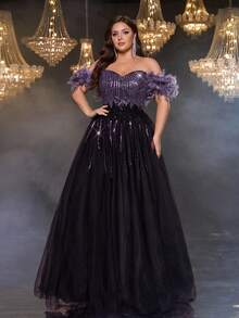 Glamrae Váy xòe tay bồng thiết kế lưới kim sa màu tím đậm hở vai thanh lịch sang trọng lãng mạn cỡ lớn, phù hợp cho tiệc tối, vũ hội, tốt nghiệp, lễ hội âm nhạc, đám cưới, dịp trang trọng (trang trí đậm) - Màu tím - Xem 8