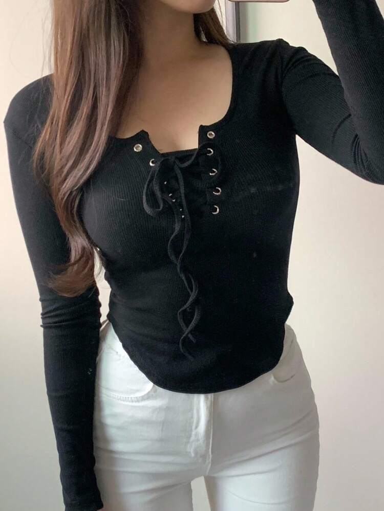 Women Casual Solid Color Criss-Cross Tie Neck Long Sleeve T-Shirt, Autumn/Winter Going Out Tops Women