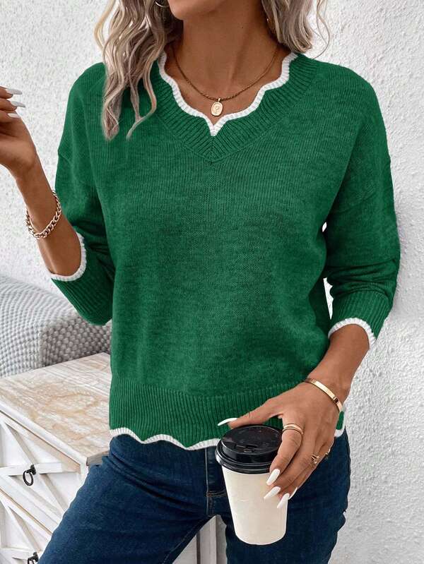 Women's Casual Loose V-Neck Drop Shoulder Long Sleeve Sweater, Autumn,Jumper,Cream Jumper,Jumpers,Christmas Jumper,White Jumper,Black Jumper,Ladies Jumper,Women's Jumpers