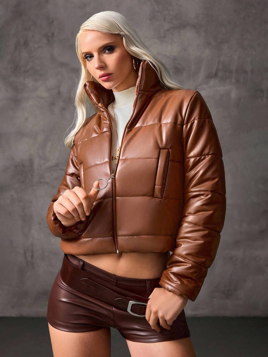 Giacca imbottita in pelle sintetica color cammello da donna - Cappotto trapuntato con chiusura lampo e anello, abbigliamento invernale in ecopelle