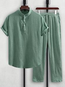 Manfinity Homme 男士休闲纯色半扣衬衫和裤子 - 綠色 - 查看 3