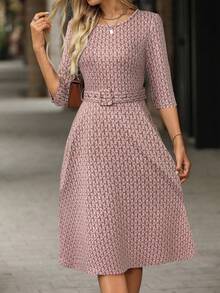 Editum Vestido midi de línea A con cintura ajustable, cintura ceñida y estampado geométrico de cuadros de colores vintage elegante para mujer