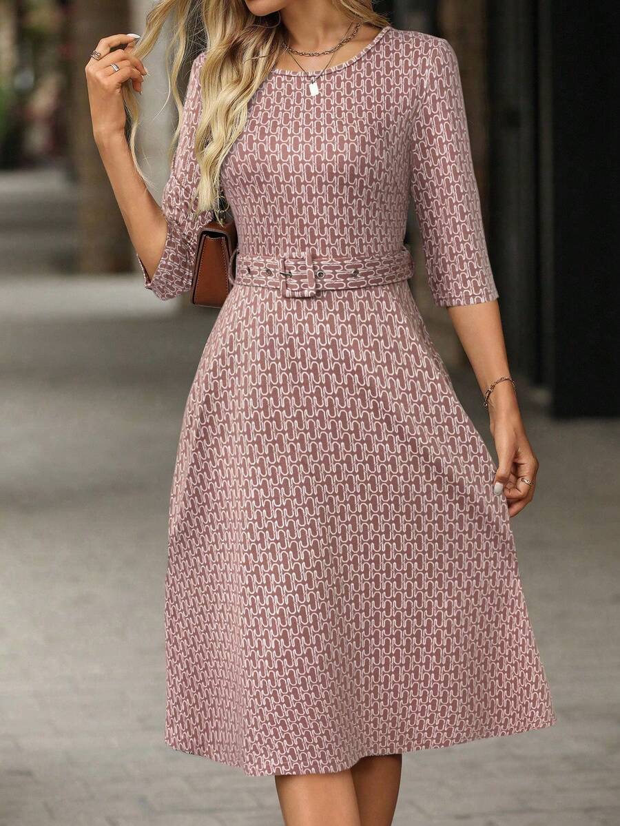 Editum Vestido midi de línea A con cintura ajustable, cintura ceñida y estampado geométrico de cuadros de colores vintage elegante para mujer