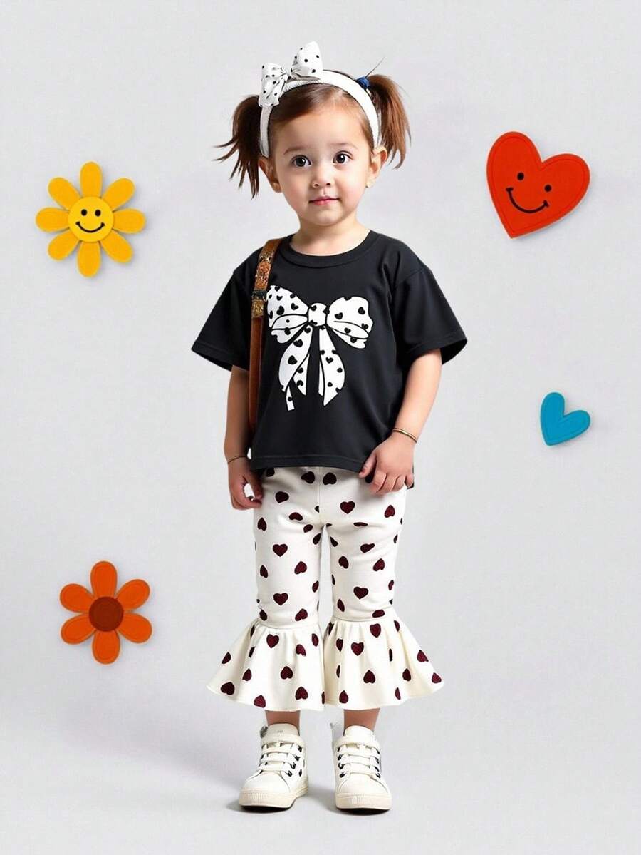 Baby Girl Bowknot Printed Short Sleeve Top And Flare Pants Set - Multicolor - View 1