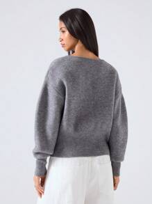 LYSMO 女式纯色落肩长袖单排扣休闲针织开衫，秋冬 - 深灰色 - 查看 2