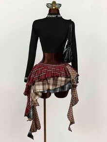 Amplova 不对称荷叶边下摆混合格子迷你裙 - 彩色 - 查看 2