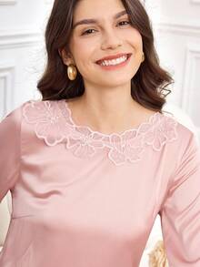 Miaspire Fall Elegant Women's Shirt, Pink Satin Fabric And Three-Dimensional Lace Splicing Design Elegant Top, Wedding Guest Versatile Top, Elegant Street Party Women's Top,Chic Tops - Pink - View 1