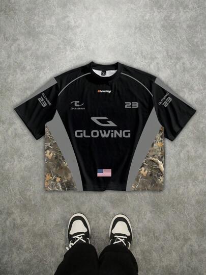 Manfinity ZONE917 Camiseta holgada con estampado de letras de camuflaje de color contrastante y parches para hombre