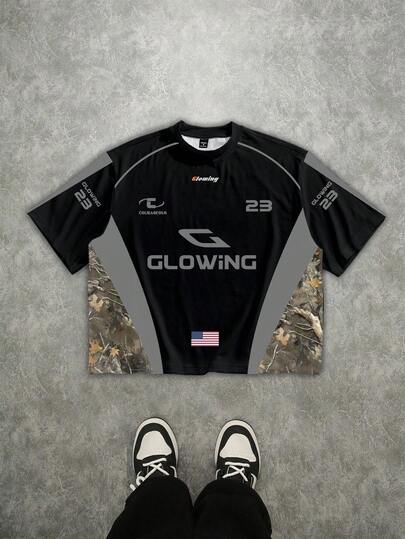 Manfinity ZONE917 男士撞色拼布迷彩字母印花宽松T恤