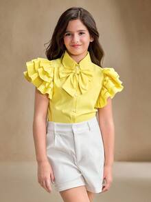 SHEIN Tween Girl Cap Sleeve Ruched Waist Blouse, Elegant For Work, With Bow Decor - Yellow - View 6