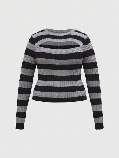 Suéter de punto de manga larga con cuello redondo, diseño de pecho calado a rayas negras y grises, para uso casual en otoño/invierno, talla grande