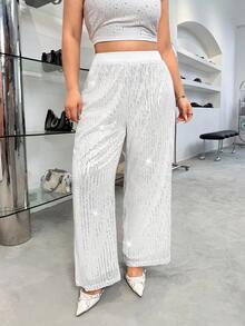 SHEIN EZwear Quần nỉ dài tay co giãn lấp lánh có dây rút cỡ lớn, thu/đông - Bạc - Xem 6