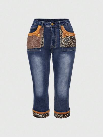 J-Fashion Y2K Vintage Leoparden-Kunstfell Patchwork Denim Caprihose mit tiefer Taille