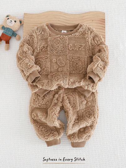Cozy Pixies Conjunto de 2 piezas de sudadera con capucha de manga larga y cuello redondo con textura de oso y pantalones de cintura elástica forrados térmicamente para bebé niño