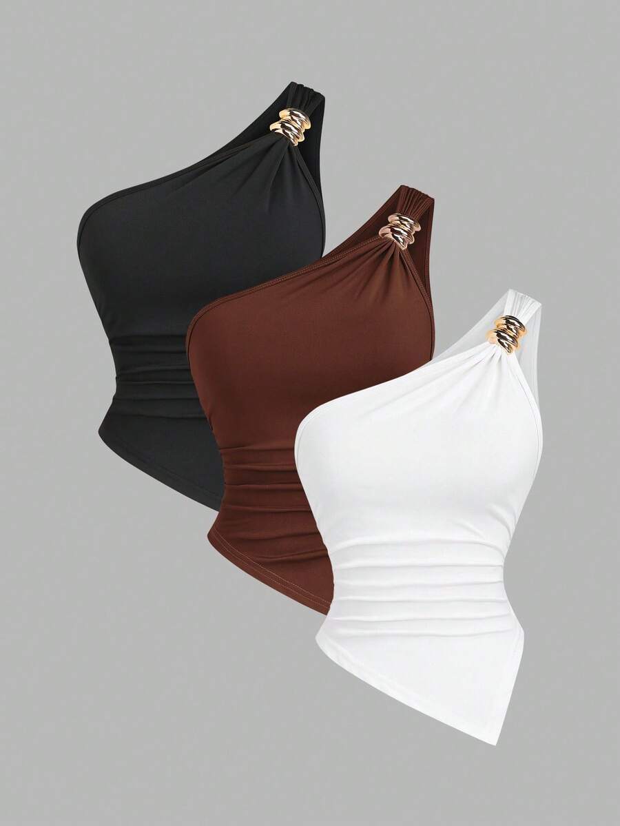 Sweetra Women's Solid Color Minimalist Asymmetric Collar Top With Metal Buckle - Multicolor - View 1